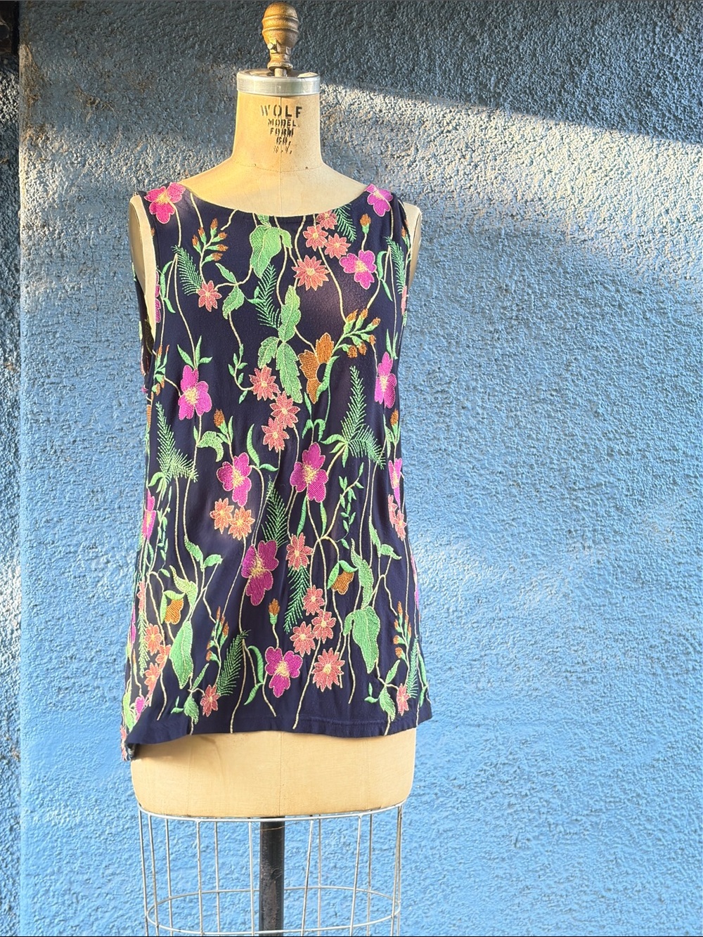 Anthropologie Navy Floral Embroidered Tank Top